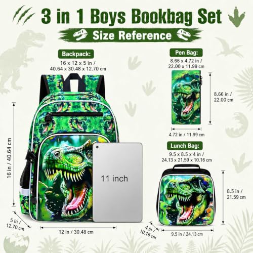 Image of 3Pcs Dinosaur Backpack for Boys, 16 inch Kids Bookbag for Elementary Preschool Kindergarten, School Backpacks with Lunch Box (Green)