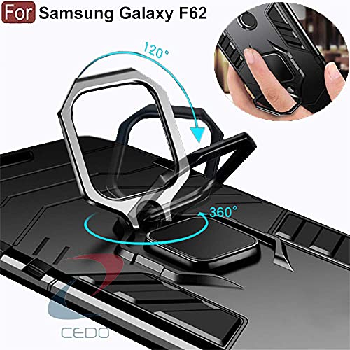 Image of CEDO Kickstand Cover for Samsung Galaxy F62 (4G) Rugged Case | Built-in Stand Rotating Ring Holder | Military Grade Armor Bumper Back Cover (Black)