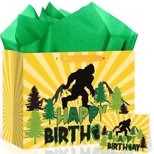 Bigfoot Birthday Party Supplies Bigfoot Birthday Gift Bag with Wrapping Paper and Card Large Forest Monster Bigfoot Themed Wrapping Paper Treat Candy Bags for Boys Girls Sasquatch Birthday Decorations