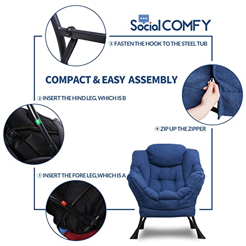 Socialcomfy Modern Cotton Fabric Lazy Chair - Comfy Upholstered Single Reclining Armchair - Soft Accent Contemporary Lounge Chair With Armrests, Side Pocket For Living Room, Bedroom, Office (Blue) #TOP4