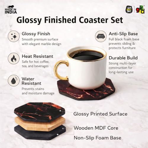 Image of GKD Wooden Coasters Set of 4 | Marble Design Glossy MDF Drink Coasters 3.5 Inch | Heat Resistant Tea Coffee Cup Holder | Table Protection for Home, Office & Dining | Made in India