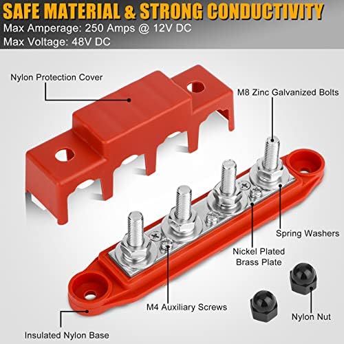 2 Pcs M8 Power Distribution Block Bus Bar, 250A Bus Bar 5/16 Inch Terminal Stud 4 Post, 12-48V DC Covered Power Ground Distribution Terminals Block with 6 Wire Lug for Car Boat Marine Caravan RV