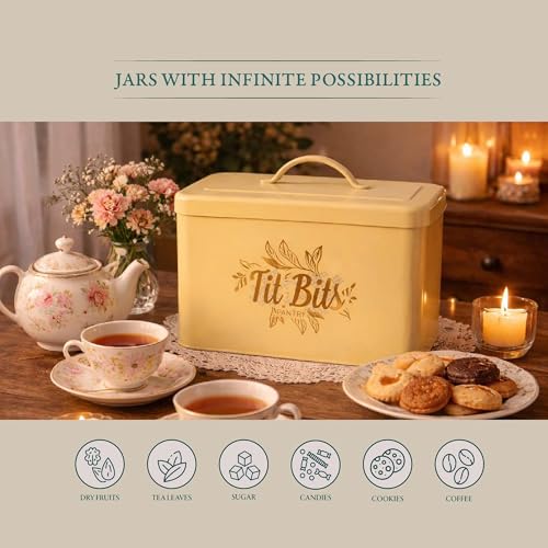 Image of Elan Pantry Organizer for Kitchen Storage | Pantry Organiser Box | Large Metal Kitchen Storage Bin with Lid | Multipurpose Food Storage Container for Kitchen (Tit Bits, Daisy Yellow) 5000 ml