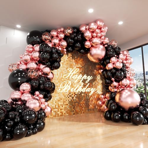 Image of Rose Gold and Black Balloon Arch Kit, ADOINBY 140Pcs Metallic Rose Gold Black Balloon 18 12 10 5 Inch Different Size Balloons for Birthday Party Bridal Shower Wedding Engagement Anniversary Decoration