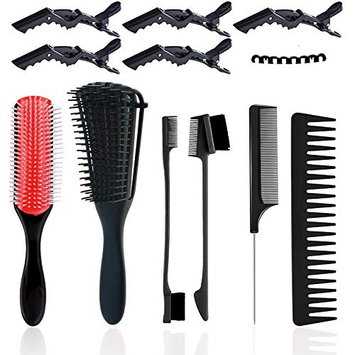 DKAF 6 Pcs Detangling Brush Set, 9-Row Cushion Nylon Bristle Shampoo Brush, 2 Pcs Double Sided Edge Brush, 5 Pcs Alligator Hair Clips for styling, Wide Tooth Comb for Curly Hair-Black