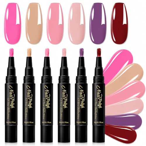 Juego de 6 lápices de uñas 3 en 1, esmalte de uñas de secado rápido a base de agua, sin lámpara UV, color rosa nude, rosa, morado, rojo oscuro, para manicura, todo en uno