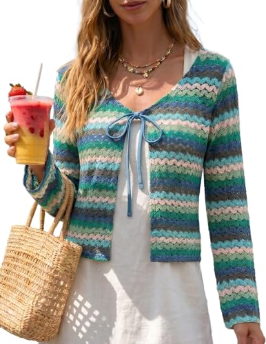 ZAFUL Swimsuit Coverup Shirt for Women Crochet Cardigan Bathing Suit Cover Up Long Sleeve Cover Ups Top Zigzag Blue L