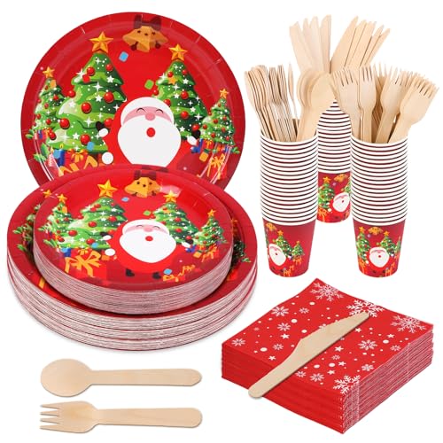 Anstore Platos Desechable, 200 Platos De Papel Rojo, Vajilla De Fiesta De Navidad Con Tenedores, Cuchillos, Cucharas, Platos Y Vasos Para CumpleañOs, Vajilla De Papel Para Navideñas Para 25 Invitados