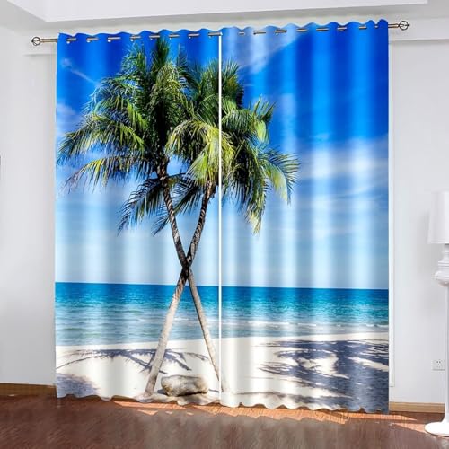 Aotiwe Cortinas elegantes hasta el suelo, cortinas para el hogar, sala de estar, beige, azul, verde, palmeras, mar, playa, paisaje, poliéster, 2 paneles de 80 x 84 pulgadas