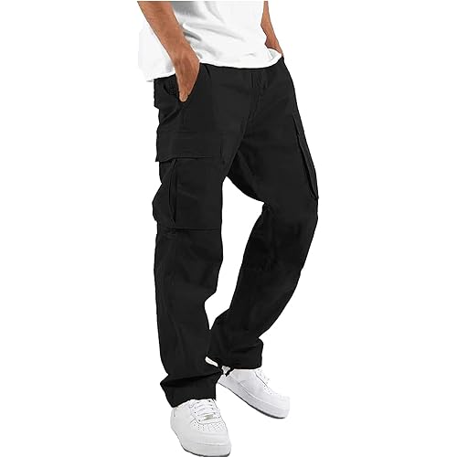 HUNGSON Mens Cargo Pants Drawstring Casual Hiking Pants Joggers Athletic Trousers Cotton Loose Straight Sweatpants for Men