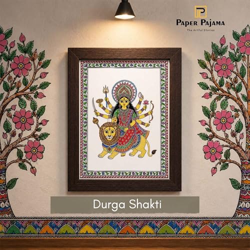 Image of PAPER PAJAMA Goddess Durga Vastu Wall Art for Living Room | Madhubani Maa Durga Painting with Lion | Traditional Mithila Religious Framed Decor for Home Temple & Office (10x13 Inches)