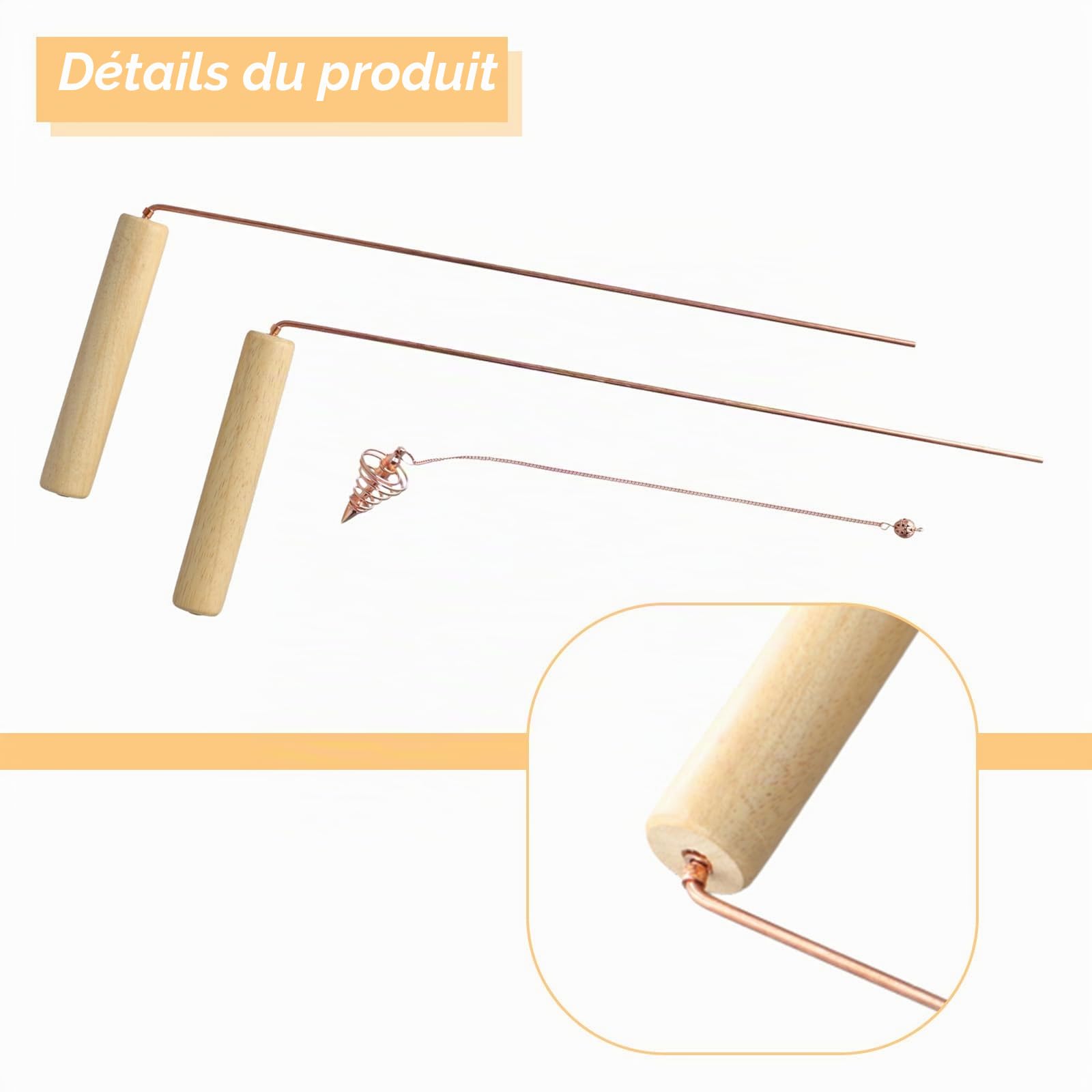 ZYWUOY Kit de tiges de radiesthésie en cuivre, 2 tiges de détection, sonde en cuivre pour trouver un trésor d'eau, outil de sondage en métal