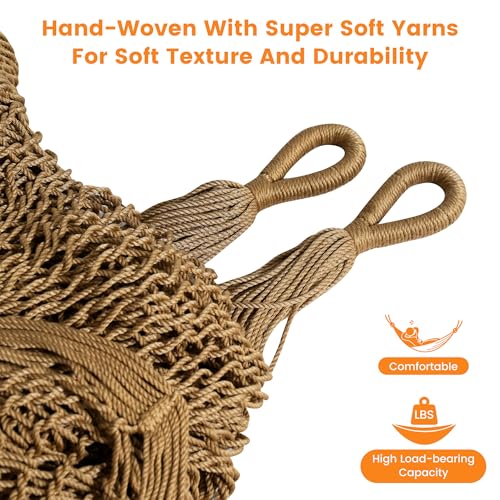 Image of Lazy Daze Hammocks Handwoven XL Mayan Hammock, 10.5 FT Soft Rope Double Hammocks, Portable Outdoor Hammock with Carry Bag, 2 Straps & Carabiners for Patio Outside, 550 lbs Weight Capacity, Tan