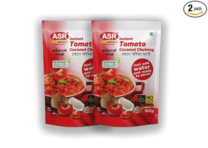 ASR Coconut Tomato Chutney 100g (Pack of 2) | Ready to Serve | Just Add Water | No Onion No Garlic | No Preservatives, Colours or Flavours | Instant South Indian Style Chutney Mix