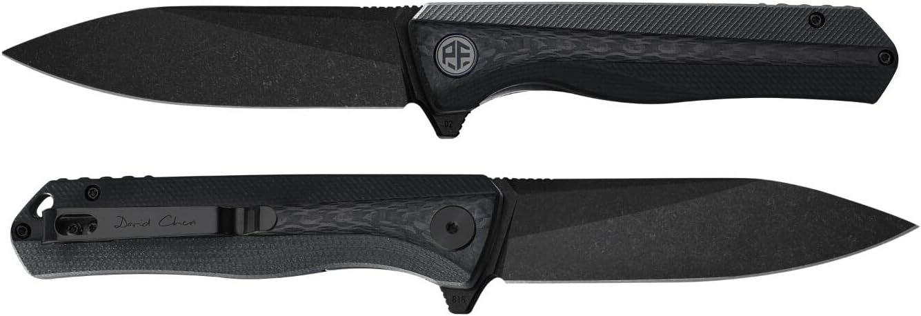 Petrified fish PF818,3.54" D2 Blade,104g G10 Handle Flipper Folding knife (Carbon fiber with G10 handle, Black stonewashed)