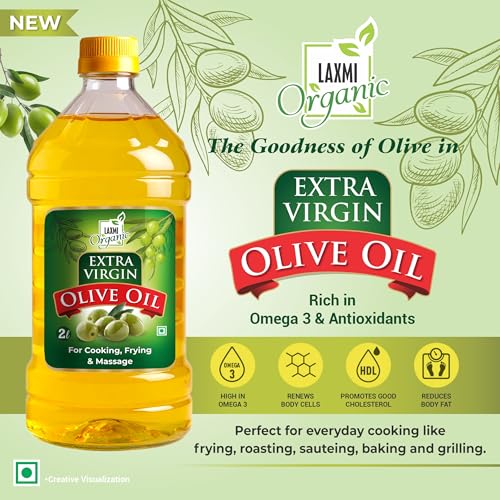 Image of LAXMI ORGANIC Extra Virgin Olive Oil 2L | Cold Pressed Jaitun Ka Tel | Pure & Natural Edible Oil for Cooking, Sauteing & Salad Dressing | Multipurpose Olive Oil for Hair, Skin & Baby Massage