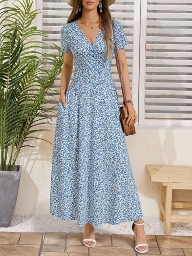 Image of HUHOT Women's Short Sleeve Wrap V Neck Dresses for Wedding Guest Summer Floral Maxi Sundresses with Pockets Boho Dress