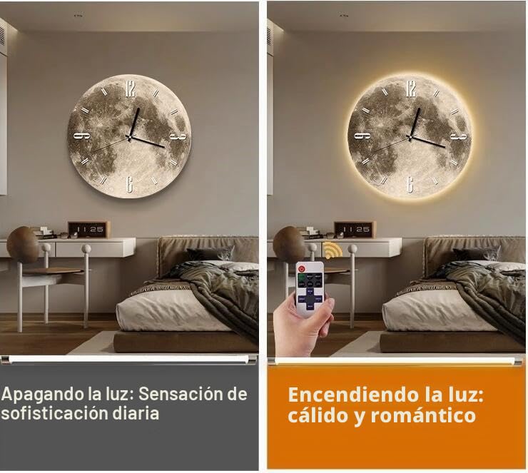 AAVEDA reloj de pared luminoso silencioso de 12 pulgadas, reloj de luz nocturna LED, sin tictac, patrón de luna redonda, decoración para sala de estar, baño y dormitorio
