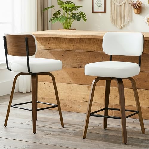 Image of Swivel Bar Stools Set of 2, 30 inch Upholstered Bar Height Stools with Back and Walnut Wood Legs, Faux Leather Barstools for Kitchen Counter, White
