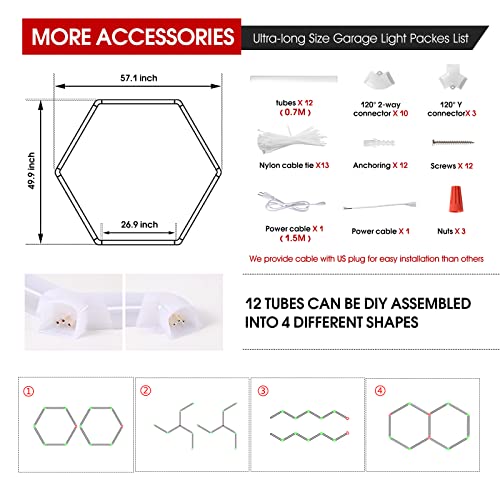 Ultra-Long 70Cm 12-Pack Hexagonal Led Garage Light: 210W 21600 Lumens Car Detailing Shop Light, Diy Splicing Ceiling & Wall Decor Lights, For Workshop Basement Gym Warehouse Gaming Room #TOP5