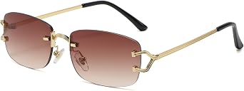Rimless Sunglasses for Men Women Trendy Small Narrow Rectangle Metal Frame Sun Glasses Shades 90s Eyewear