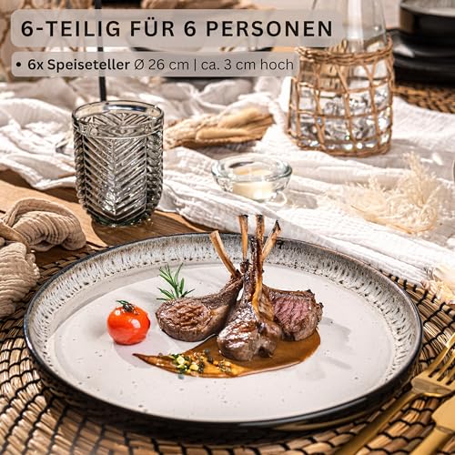 SÄNGER Sansibar | Teller Set 6 Personen, Steingut Geschirr Set 6 teilig, Speiseteller Essteller Dinner Set kratzfest, Plates Set spülmaschinenfest, Steingut Speise Teller hellgrau | VALUE COLLECTION