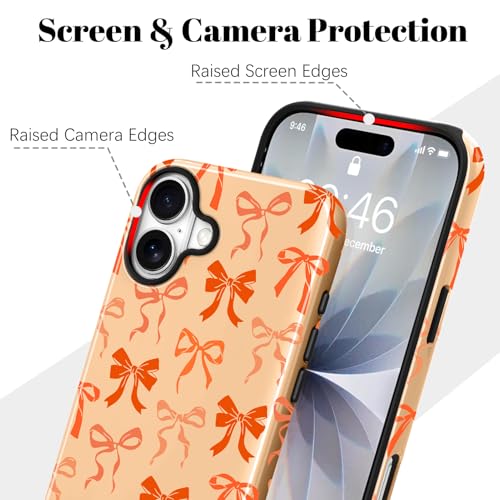 Image of Magnetic for iPhone 17 Case for Women Men, Orange Bow | Cute Ribbon Bow Pattern Design [Compatible with MagSafe] 2-Layer Hybrid Shockproof Glossy Protective Cover