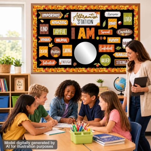 Affirmation Station Bulletin Board Set with 11in Mirror Motivational Posters Classroom Mirror Growth Mindset Decor I Am Positive Affirmation Accent Cutout for School Home Teacher Wall Supply(Fall) - Image 6