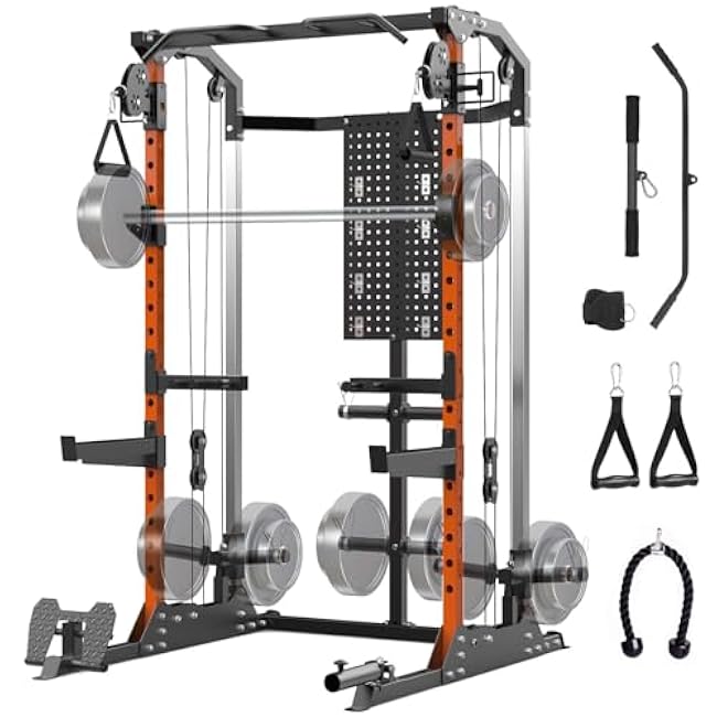 Multi-Function Power Cage, Power Rack with Dual Independent Pulley System, 2000LB Capacity Workout Cage with Adjustable Cable Crossover System and Training Attachment, Squat Rack for Home Gym
