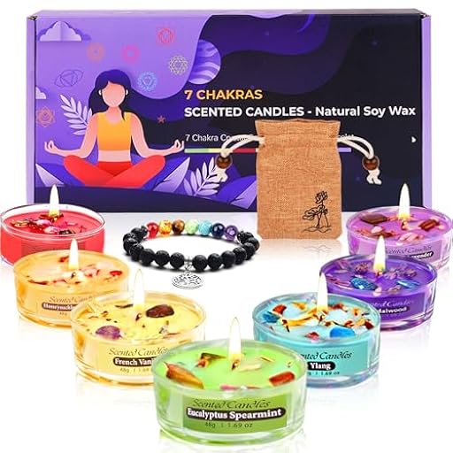 Juego de 7 velas Chakra - Velas aromáticas con regalos para mujeres con cristales premium y piedras curativas, pulsera Chakra, vela de aromaterapia para yoga, meditación, reducción del estrés y | Ya disponible en tu tienda friki favorita! En mundofriki.es!