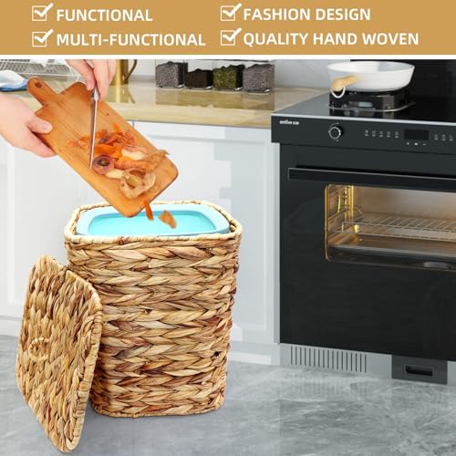 Image of 3 Gallons Wicker Waste Basket Can with Lid & Liner, Handwoven Wastebasket Wastepaper Basket with 60Pcs Bag, Wicker Trash Garbage Rubbish Can Bin Basket for Bedroom Bathroom Kitchen Office