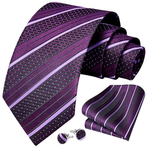 Image of HISDERN Mens Ties Set Stripe Plaid Ties for Men and Pocket Square Cufflinks Formal Silk Necktie Wedding Business