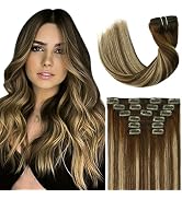 HUAYI Clip In Human Hair Extensions,Double Weft Brazilian Hair,Chocolate Brown to Dark Blonde,Ful...
