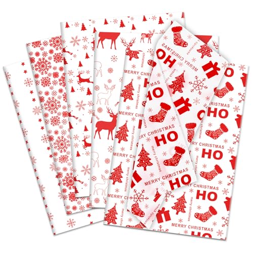 Image of Larcenciel Christmas Tissue Paper for Gift Bags, 50Pcs Classic Red White Xmas Gift Wrapping Tissue Paper, Snowflake Deer Art Packing Supplies for Holiday, New Year, Crafts Project, Party Decor,20x14In