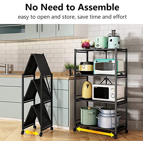 4-Shelf General Purpose Collapsible/Foldable Shelving Unit, Sturdy Storage Rack With Caster Wheels. 4-Tier Organizer, Laundry/Kitchen Storage Shelves, Heavy Duty Metal Frame, No Assemble Needed, Black #TOP2
