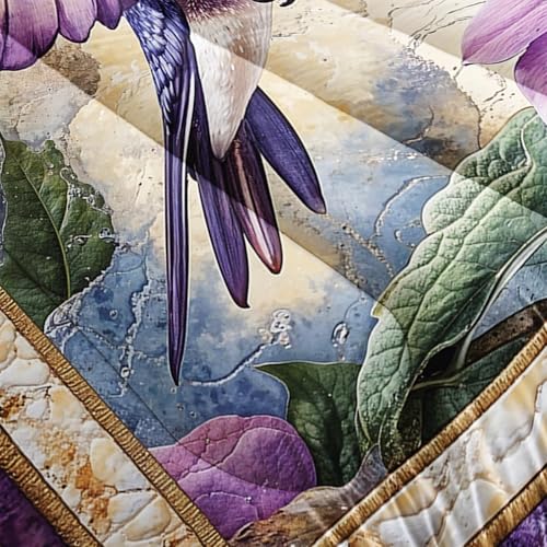 Image of AILONEN Purple Flower Hummingbird Comforter Set Queen Size,Boho Exotic Hummingbird Bedding Set for Girls Women,Beautiful Bird Print Comforter with 2 Pillowcases,3 Pieces
