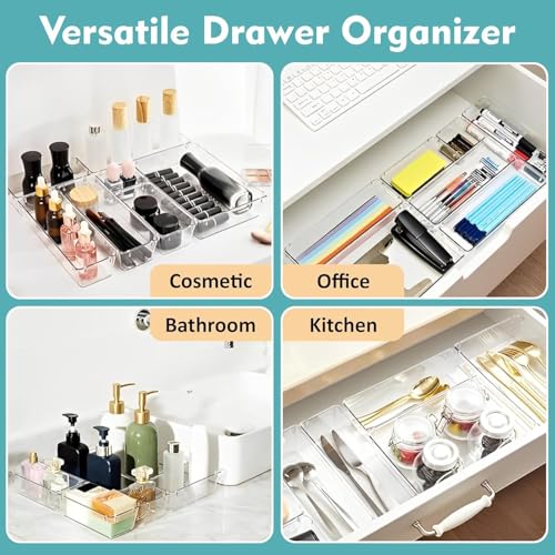 Image of Rylan Set of 2 Drawer Organiser /Unbreakable Drawer Organizer /Dressing Table Organizer /Multi-Purpose Storage Boxes /Drawer Divider Tray for Kitchen /Bedroom /Office - (Clear Transparent)'