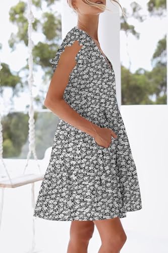 Image of nclook Womens Summer Casual Dresses Sweet Cute V Neck Mini Dress with Pockets Ruffle Short Sleeve