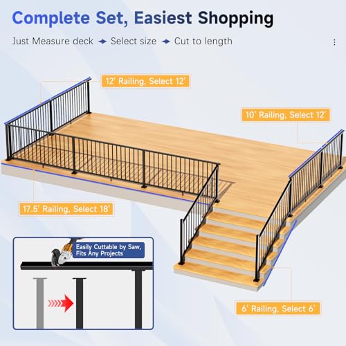 Zylorix Modular Complete 36 in. H x 12-18ft W 6063 Aluminum Deck Railing Kit with Continuous Top Rails, Length Cuttable Easy DIY, Full Textured Matte Black Railing System for Decking(3 Panel, 4 Post) by Zylorix - Image 2