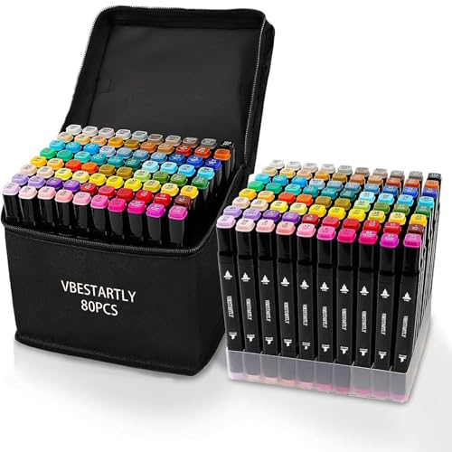 VBESTARTLY 80 Colors Alcohol Markers with Base Permanent Dual Tip Art Markers for Adults Anime Coloring Sketch Illustrations Pefect for Gift- Refillable