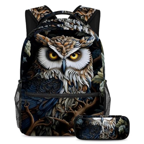 Sac à dos ensemble cartables ados, grand sac d'école à motif hibou artistique