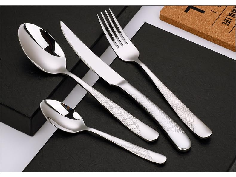 Ce Service de Couverts, composé de 4/16/24/32/40/48 pièces en Acier Inoxydable 304 (Couteau, Fourchette et cuillère), présente Un Manche doré épais et élégant. (48 pièces pour 12 Couverts)