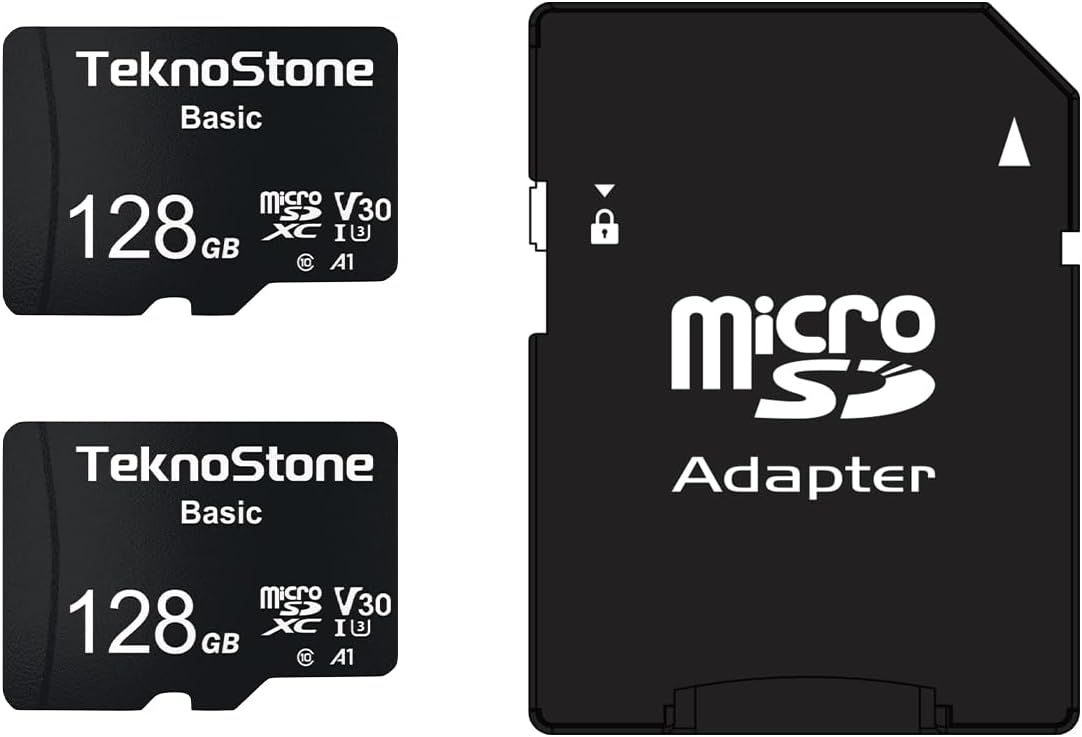 Basic 128GB MicroSDXC Flash Memory with Adapter 90MB/s Read 50MB/s Write UHS-I C10 U3 V30 A1 Rated HD Support TF Card for Dashcams Security Cameras Tablets Phones Drone Console (2 Packs)