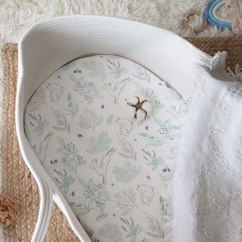 Image of Muslin Bassinet Fitted Sheets 2 Pack, Soft Breathable Cotton Baby Bassinet Mattress Sheet Set, 360 Elastic Snug Fit, Universal for Oval, Rectangle (Blue Deer, Bassinet Sheets 2 Pack)