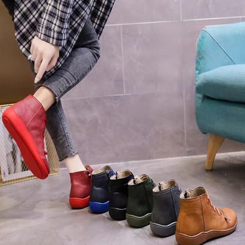 Women's Vintage Casual Short Ankle Boots, 2025 Fall Boot Retro PU Leather Low Heel Flat Cowboy Boots Arch Support Booties Comfortable Slip on Shoes for Women Spring Autumn Winter4