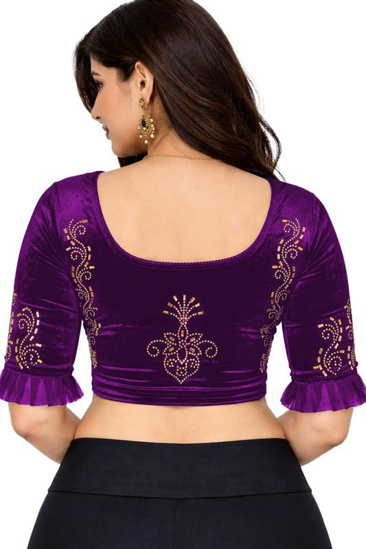 Blouses for Women Readymade Stylish Golden Stone Work on Stretchable Soft Velvet Blouse for Saree Designer Comfort fit Latest Trendy Design-image-11