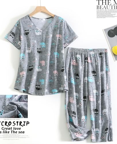 Image of CHUNG Women Cotton Pajama Sets Sleepwear pjs Short Sleeve Shirt Capri Length Crop Pants Cute Vivid Print