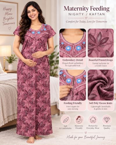 Image of Noty Women's- Maternity | Feeding | Nursing | Nighty /Maxi /Gown- Poly Viscose Knits Fabric- Embroidery, Printed, Zip on Both Sides