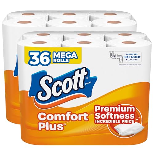 Image of Scott ComfortPlus Toilet Paper, 2 Packs of 18 Mega Rolls, 310 Sheets per Roll, Septic-Safe, 1-Ply Toilet Tissue