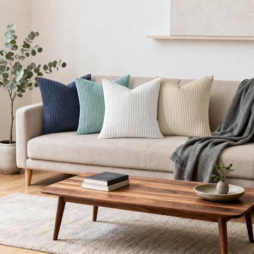 Image of Mecatny Corduroy Decorative Throw Pillow Covers 24x24 Set of 2 for Sofa Living Room, Soft Neutral Boho Couch Pillow Covers for Home Decor, White